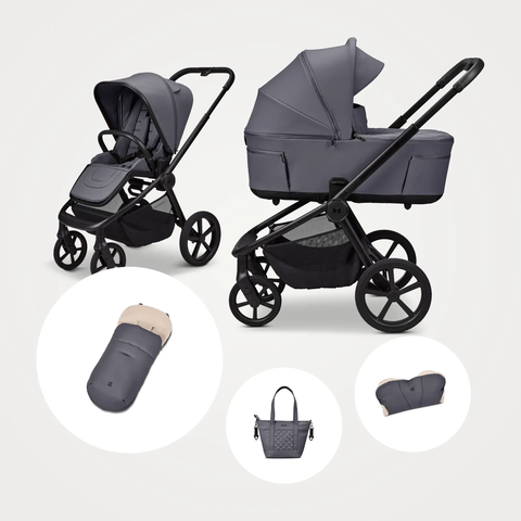 MOON RESEA Fold SUMMER END SALE Set in graphite mit Sportsitz, faltbarer Wanne, Fußsack, V-Shape Bag und Handmuff