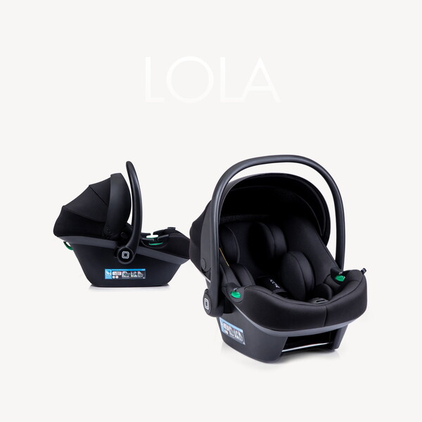 MOON Babyschale LOLA in Black, Seiten- und Schrägansicht, Kollektionsübersicht