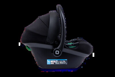 MOON infant car seat LOLA from the side with extended sun canopy and raised carry handle