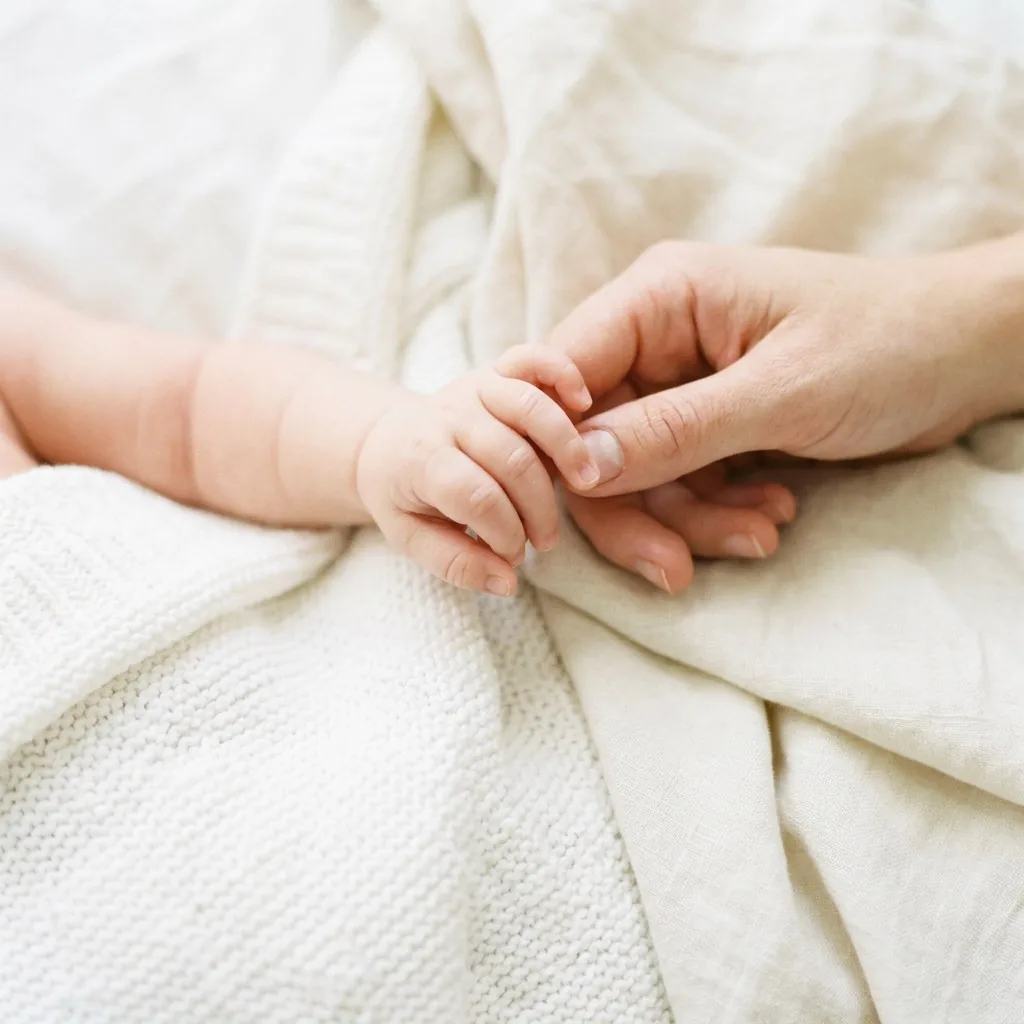 Babyhand hält den Finger eines Erwachsenen auf einer hellen Strickdecke