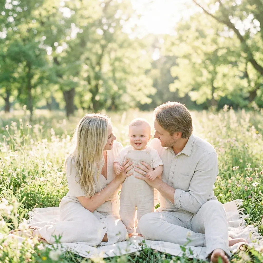 Eltern sitzen mit ihrem Baby auf einer Picknickdecke im Park