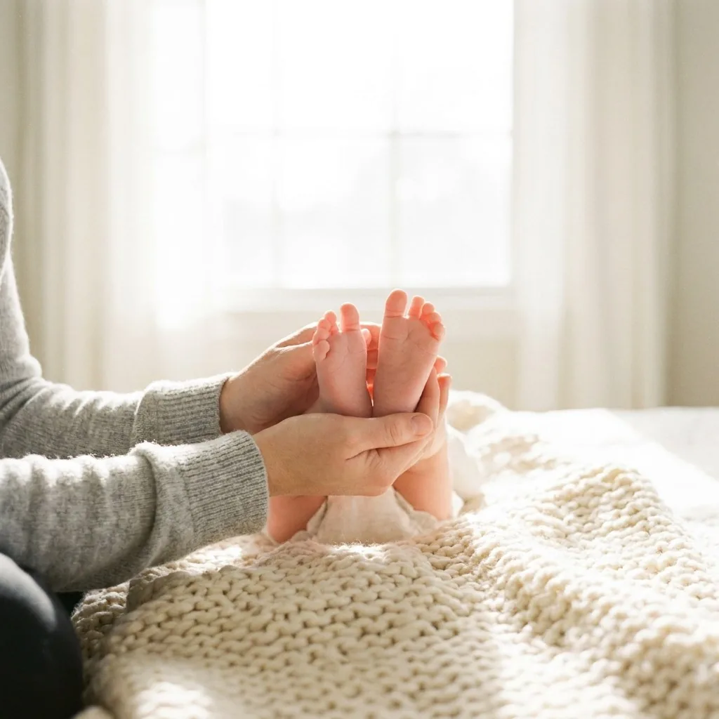 Elternhände halten die Füße eines Babys über einer Strickdecke