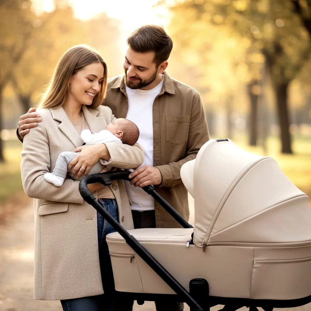 Eltern mit Neugeborenem neben einem MOON Kinderwagen mit Babywanne im Park