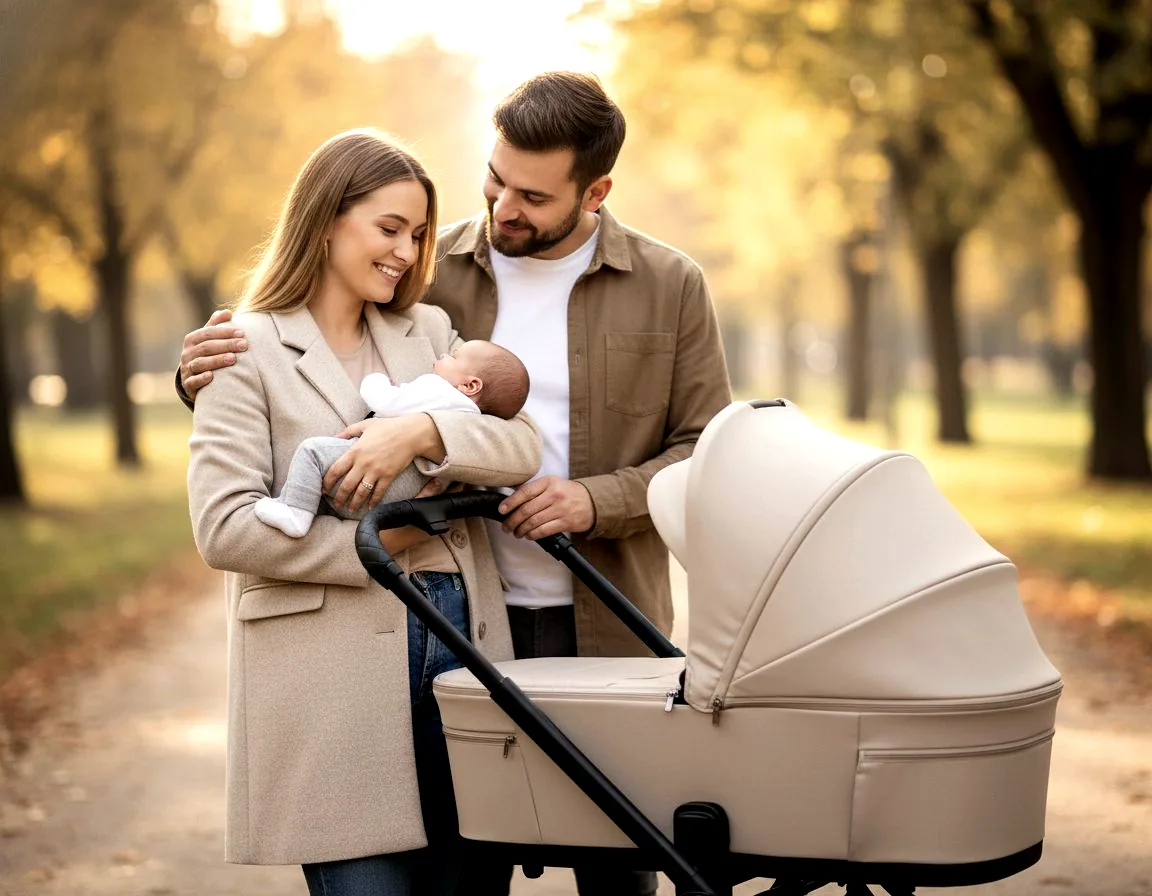 Eltern mit Neugeborenem neben einem MOON Kinderwagen mit Babywanne im Park