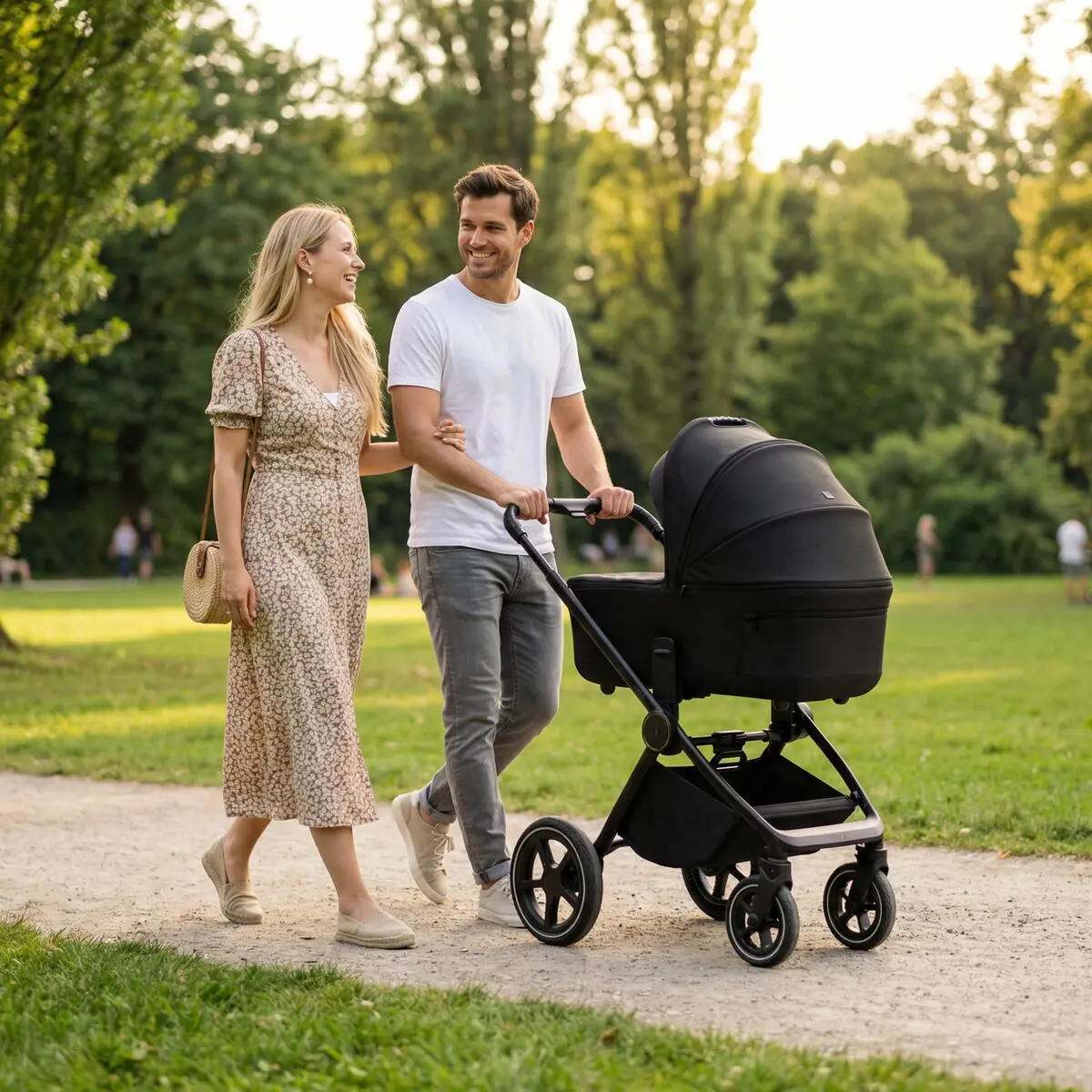 Paar schiebt einen MOON Kinderwagen mit Babywanne durch einen sonnigen Park
