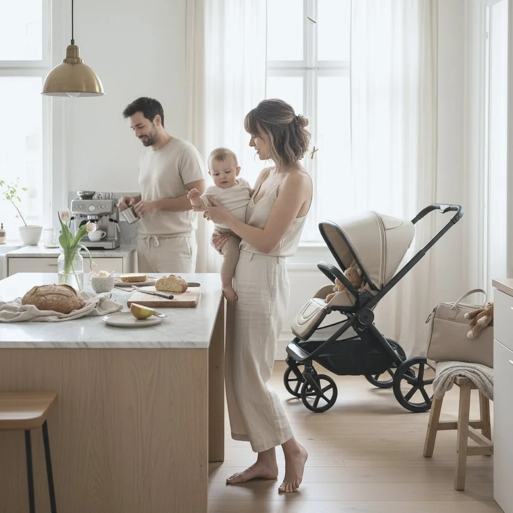 Familie mit Baby in der Küche, daneben ein MOON Kinderwagen
