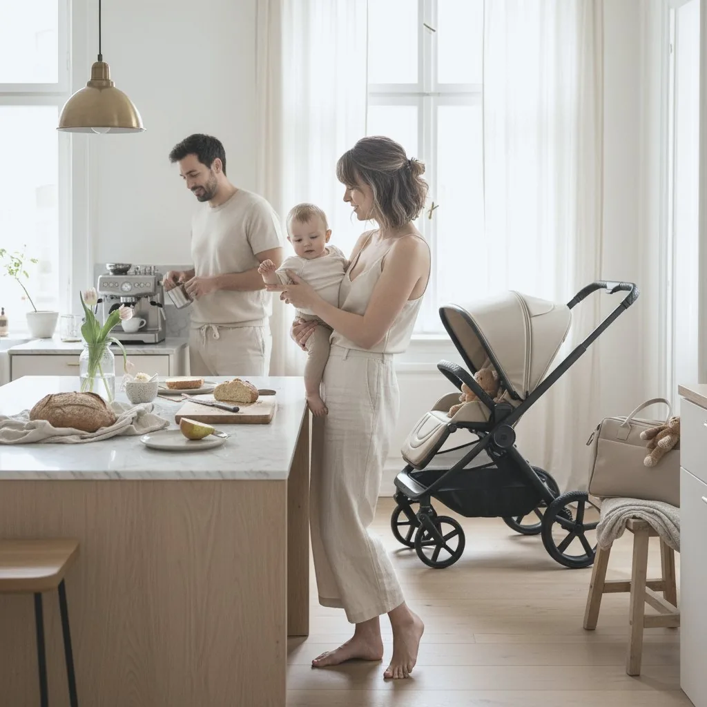 Familie mit Baby in der Küche, daneben ein MOON Kinderwagen