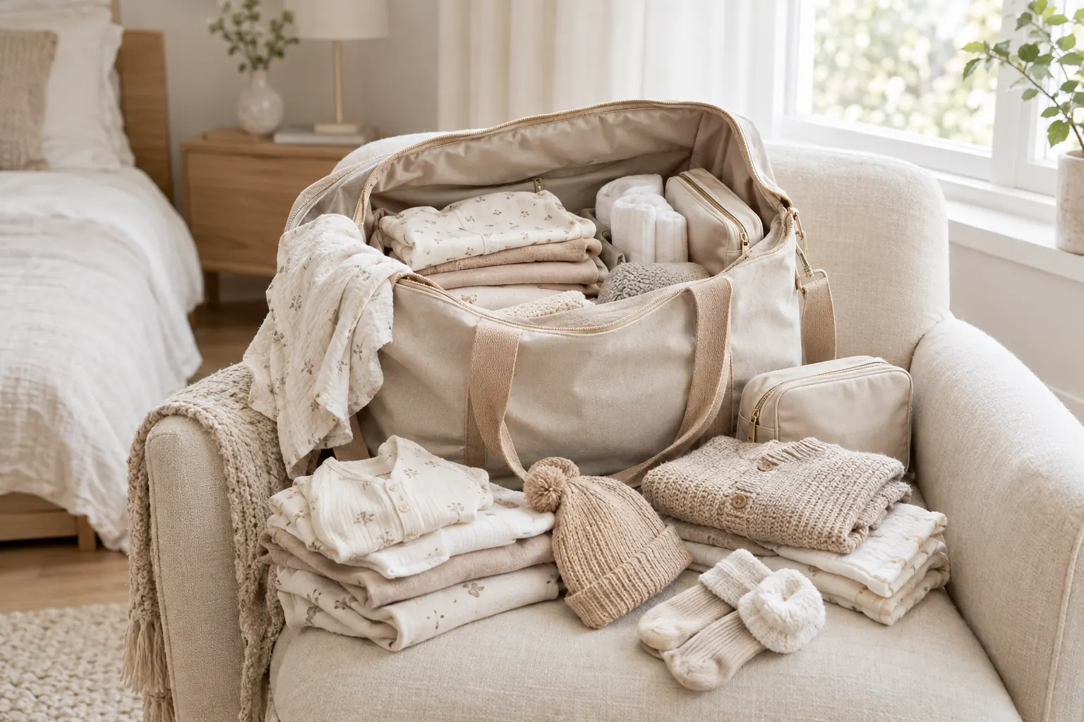 Gepackte Kliniktasche mit Babykleidung, Mützchen und Söckchen auf einem hellen Sessel