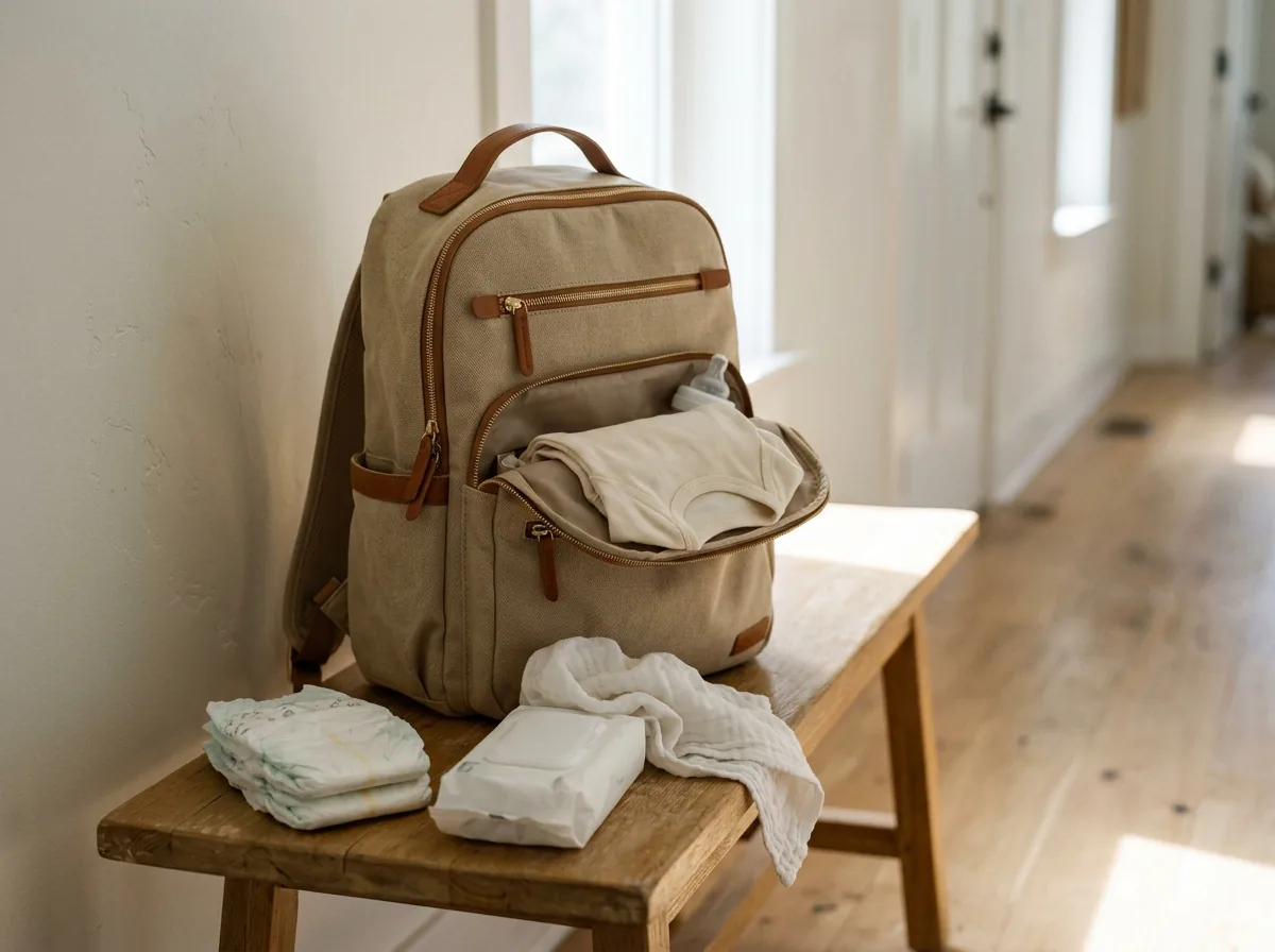 Gepackter Wickelrucksack mit Wechselkleidung auf einer Holzbank, davor Windeln, Feuchttücher und ein Spucktuch