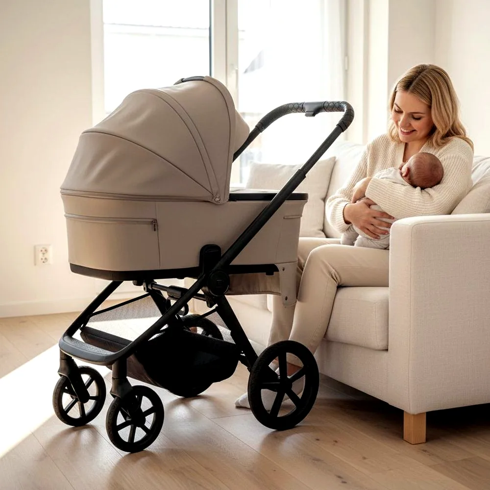 MOON Kinderwagen mit Babywanne neben einer Mutter mit Baby im Sessel