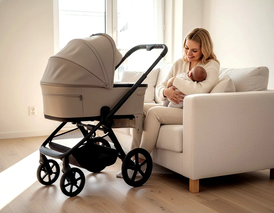 MOON Kinderwagen mit Babywanne neben einer Mutter mit Baby im Sessel