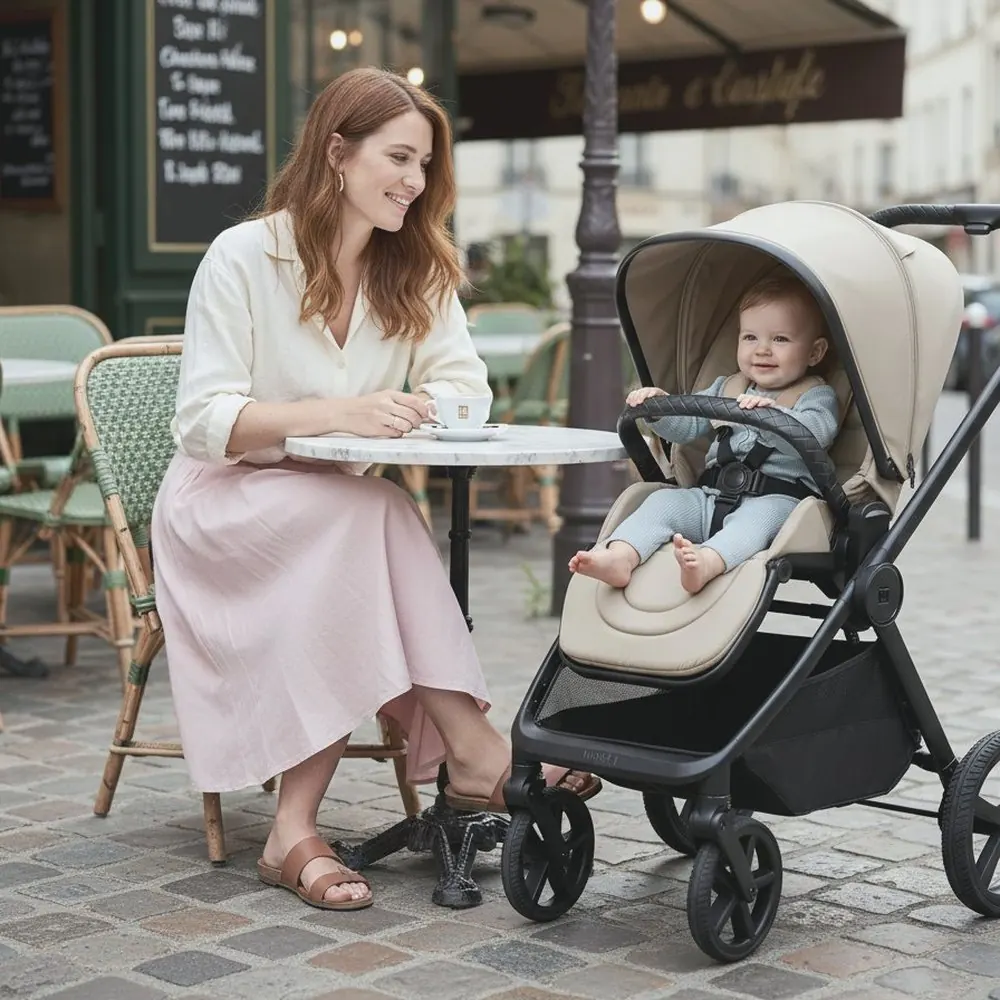 MOON Buggy mit Kleinkind neben einer Mutter am Cafétisch
