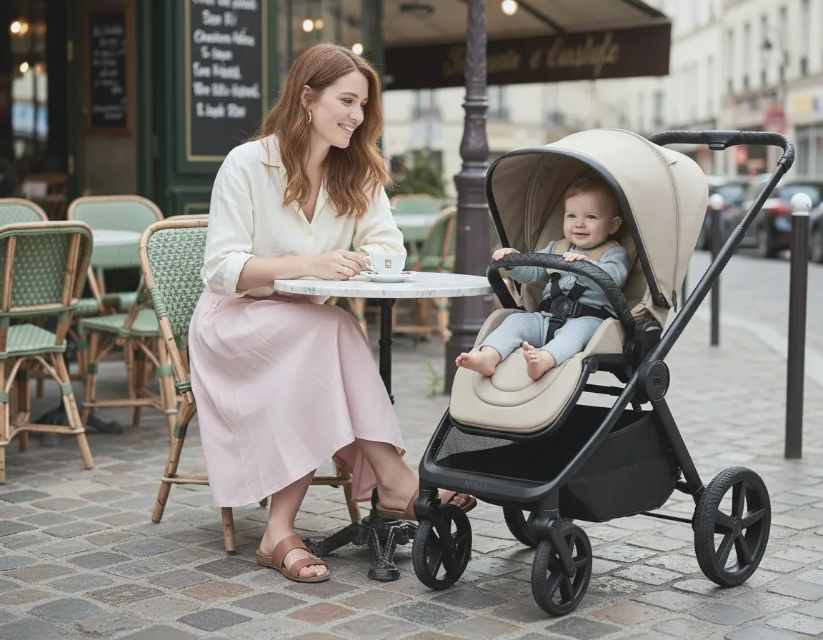 MOON Buggy mit Kleinkind neben einer Mutter am Cafétisch