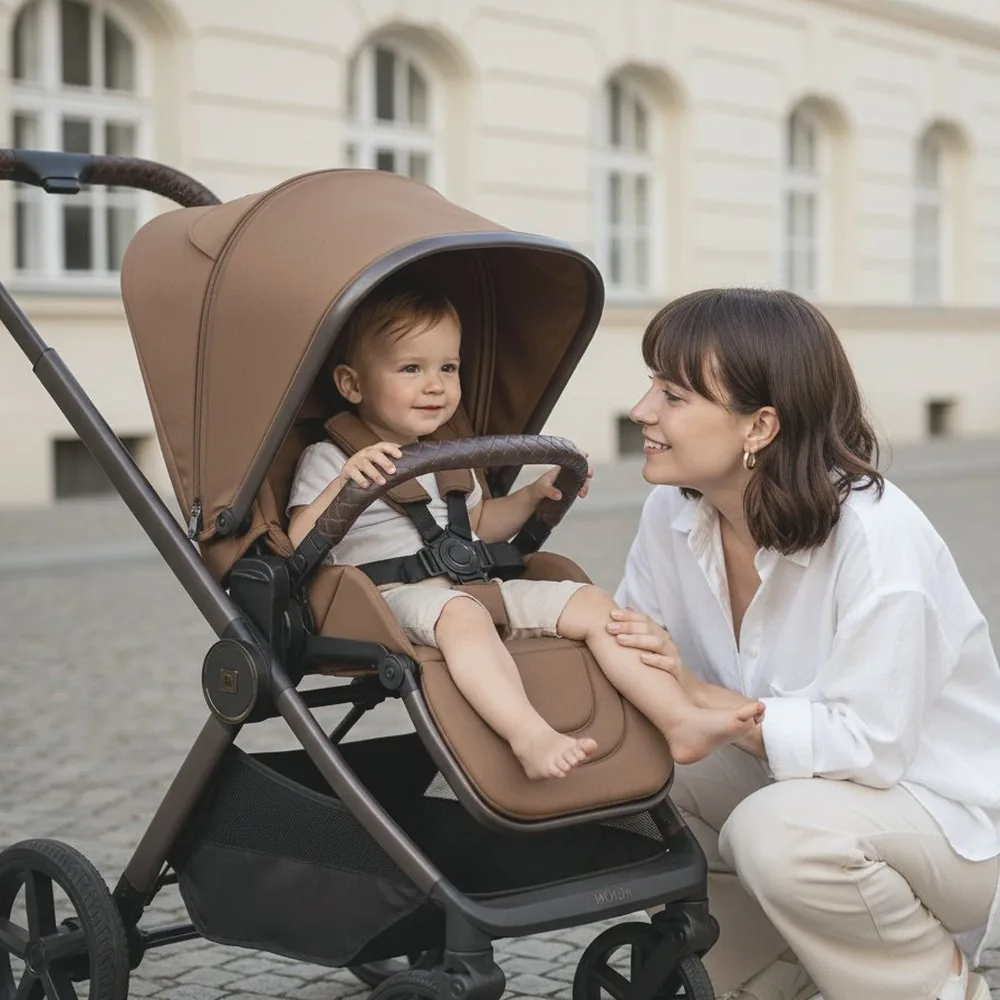 Mutter kniet neben einem MOON Buggy mit Kleinkind vor einem Altbau