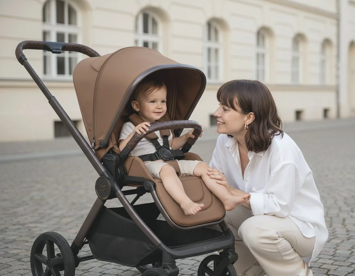 Mutter kniet neben einem MOON Buggy mit Kleinkind vor einem Altbau