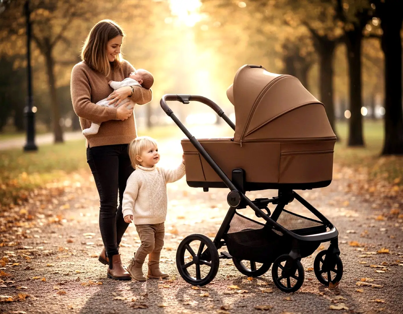 Mutter mit Baby und Kleinkind neben einem MOON Kinderwagen mit Babywanne im Herbstpark