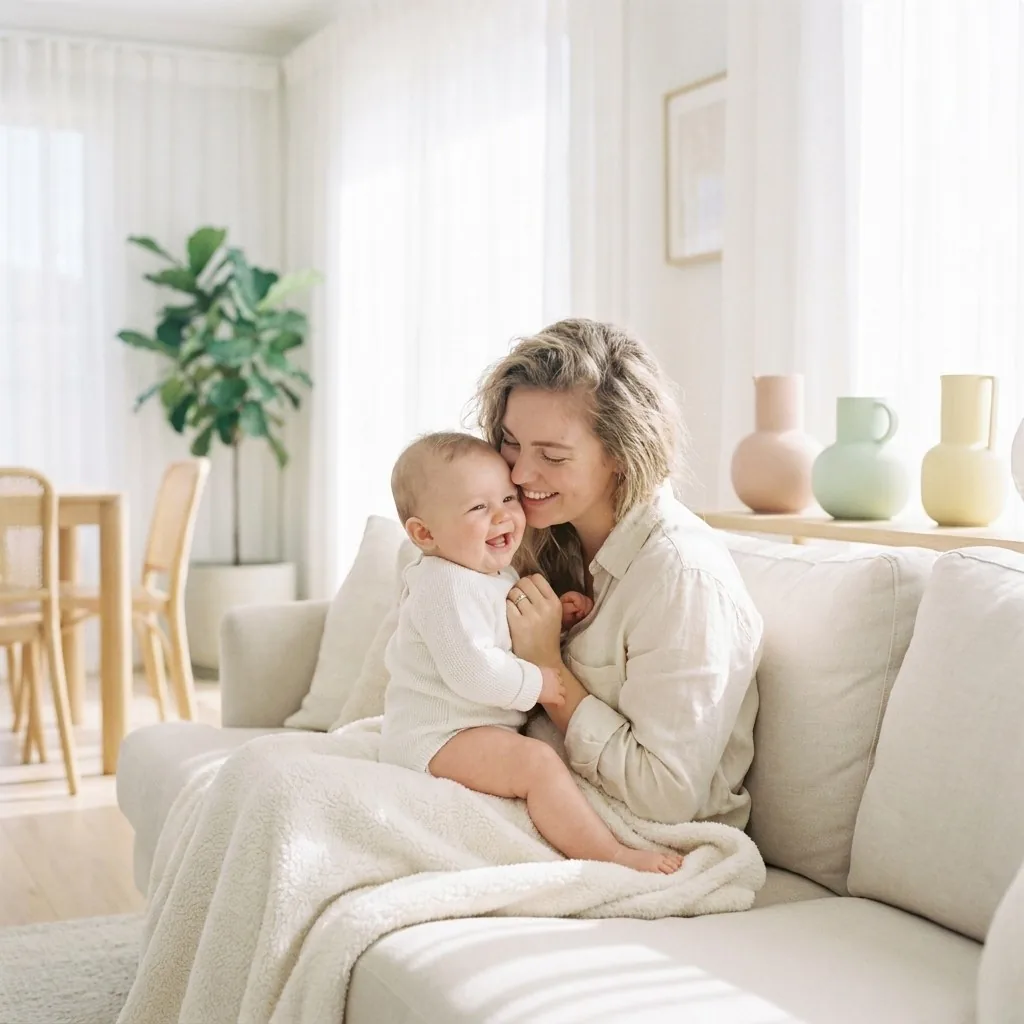 Mutter kuschelt mit ihrem Baby auf dem Sofa