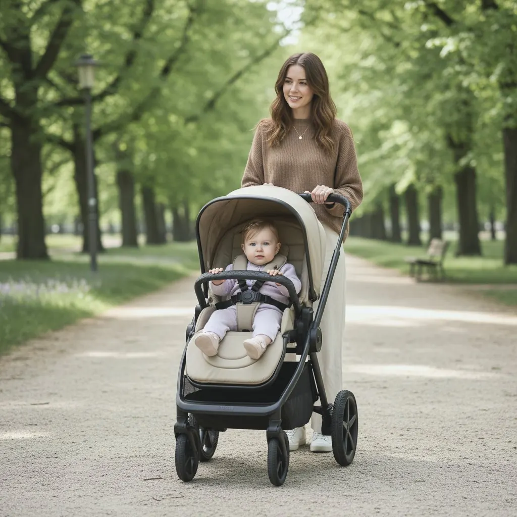 Mutter schiebt einen MOON Buggy mit Kleinkind über einen Parkweg