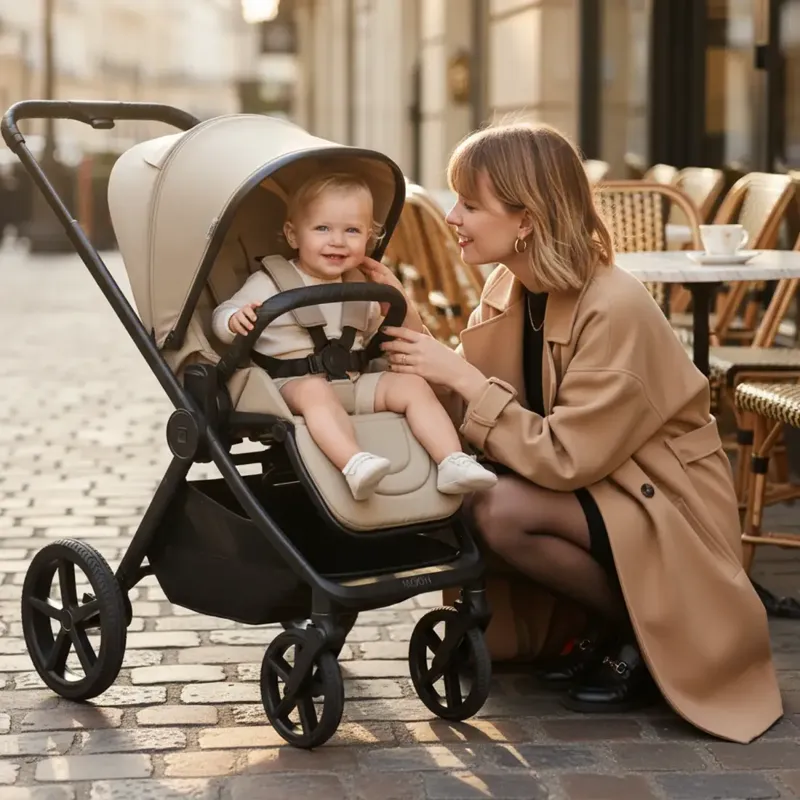 Mutter mit Kind im MOON Kinderwagen vor einem Café