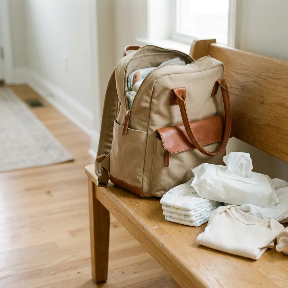 Wickelrucksack in Sandbeige auf einer Holzbank im Flur, daneben Windeln, Feuchttücher, Body und Babyflasche