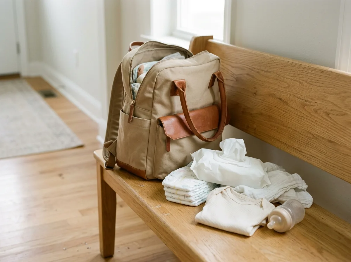 Wickelrucksack in Sandbeige auf einer Holzbank im Flur, daneben Windeln, Feuchttücher, Body und Babyflasche