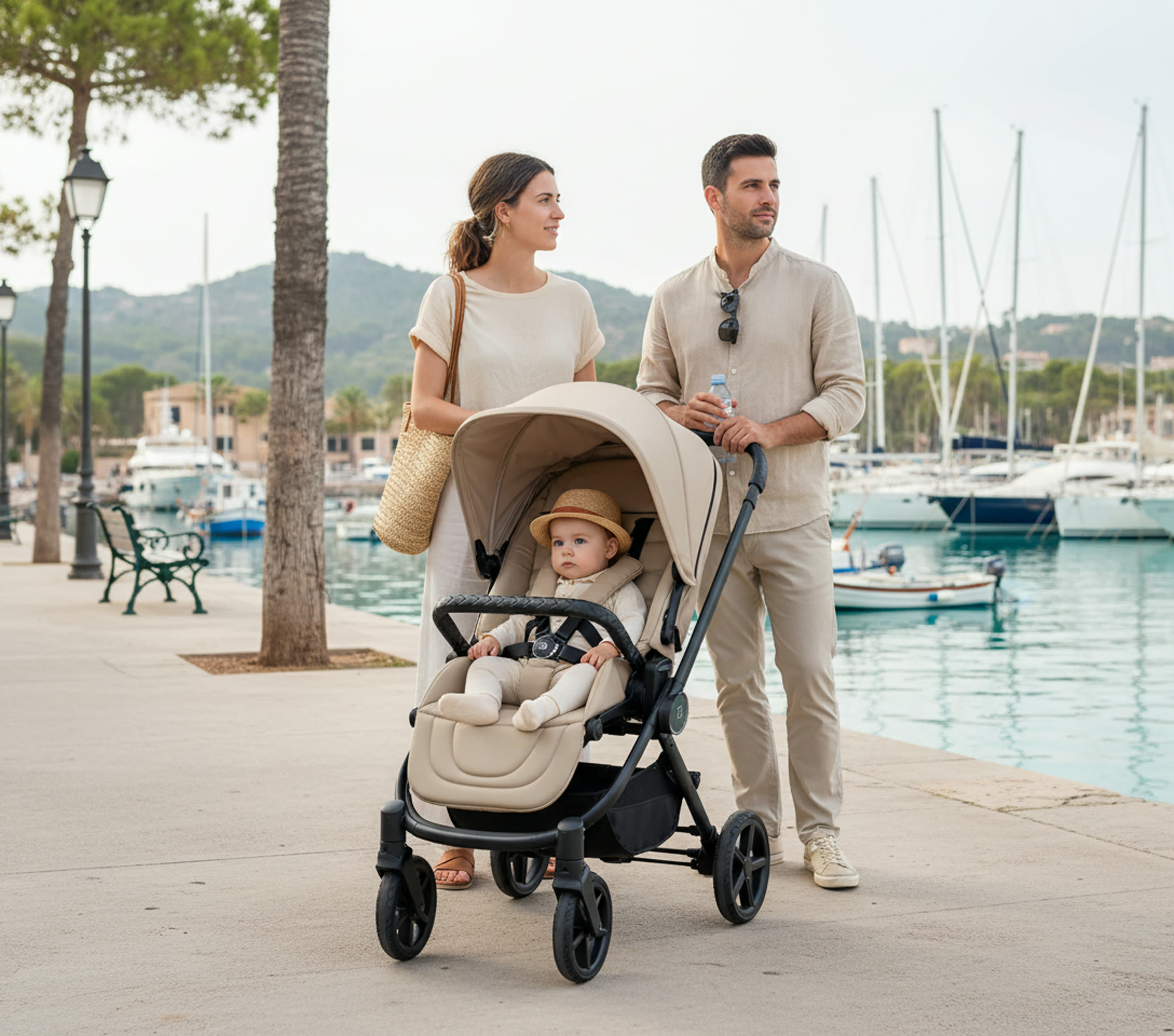 Familie mit MOON Kinderwagen an der Hafenpromenade